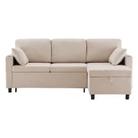 Linen Look L-Shaped Corner Sofa Bed with Storage, 3 Seater Convertible Settee with Cup Holders and Magazine Pockets, 212x141x87.5 cm, Beige(m-2)