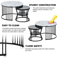 Modern Nesting Coffee Table with Marble Finish, Round Side Tables with Metal Frame, 70x70x45 cm and 45x45x40 cm, Black+White(m-6)