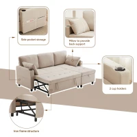Linen Look L-Shaped Corner Sofa Bed with Storage, 3 Seater Convertible Settee with Cup Holders and Magazine Pockets, 212x141x87.5 cm, Beige(m-6)