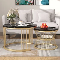 Set of 2 Nesting Coffee Tables with Marble Pattern Top, Gold Metal Frame, Side Tables for Living Room, 70x70x45 cm and 45x45x40 cm, Black(m-8)