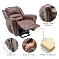 Large Executive Power Lift Recliner Chair with Heating Massage Points, Heavy Duty Electric Faux Leather Recliner with USB Port and Side Pockets, 104x106x102 cm, Brown(m-6)