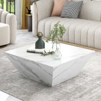 Modern Trapezoidal Coffee Table with 2 Drawers, Marbling Veneer End Table, Side Table with Storage for Living Room, 70x70x37 cm, White(m-8)