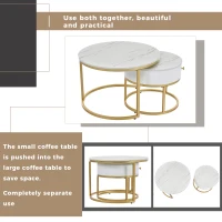 Round Nesting Coffee Tables with Drawer, Set of 2 Tables with Storage, Gold Metal Frame and Marble Pattern Top for Living Room, Bedroom, Office, White(m-4)
