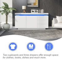 Mid-Century Style Sideboard with 16-Colour LED Lights, 2 Doors and 3 Drawers, Cupboard for Hallway, 140x35x72.5 cm, White(m-4)