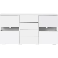 High Gloss Modern Sideboard Cabinet with LED Lights, 2 Doors and 4 Storage Drawers, Chest of Drawers for Living Room, 140x35x72 cm, White(m-2)