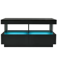High Gloss Modern Coffee Table with 16-Colour LED Lights, 2 Drawers and Open Storage, Side Table for Drawing Room, 100x60x49.5 cm, Black(m-2)