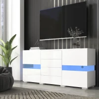 High Gloss Modern Sideboard Cabinet with LED Lights, 2 Doors and 4 Storage Drawers, Chest of Drawers for Living Room, 140x35x72 cm, White(m-10)