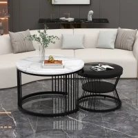 Modern Nesting Coffee Table with Marble Finish, Round Side Tables with Metal Frame, 70x70x45 cm and 45x45x40 cm, Black+White(m-1)