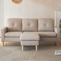 6.5ft 3 Seater Sofa Bed with Removable Footrest, Solid Wood Frame and Legs, 190x76x84 cm, Beige(m-9)