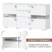 High Gloss Modern Sideboard Cabinet with LED Lights, 2 Doors and 4 Storage Drawers, Chest of Drawers for Living Room, 140x35x72 cm, White(m-5)
