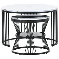 Modern Nesting Coffee Table with Marble Finish, Round Side Tables with Metal Frame, 70x70x45 cm and 45x45x40 cm, Black+White(m-8)