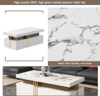 Modern Rectangular Coffee Table with PVC Pattern Top and 2 Wooden Drawers, Living Room Table, 100x50x40 cm, White(m-5)