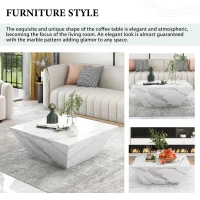 Modern Trapezoidal Coffee Table with 2 Drawers, Marbling Veneer End Table, Side Table with Storage for Living Room, 70x70x37 cm, White(m-4)