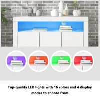 Modern Sideboard Cabinet with LED Lights, High Gloss Design, 3-Door Remote Control Kitchen Unit for Home Decor, 130x35x95 cm, White(m-5)
