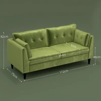 HOMCOM Canapea Dublă, Mobilă Modernă cu Butoni Capitonați, Canapea Tapițată cu 2 Locuri și 2 Perne, 172x75x82 cm, Verde(m-3)