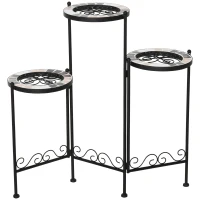 Outsunny Suporte de Metal para Plantas Dobrável Suporte para Flores com 3 Prateleiras com Bordas de Azulejo para Decoração de Interiores e Exteriores 60x22x65cm Preto(m-11)