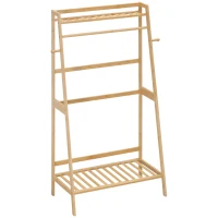 HOMCOM Suporte para Cabides de Bambu com 2 Prateleiras Abertas Barra e Ganchos Laterais para Roupa Bolsas 82x36,8x140cm Madeira(m-11)