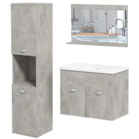 kleankin Conjunto de Móveis Casa de Banho 3 Peças com Espelho Móvel com Lavatório Cerâmico e Coluna de Casa de Banho Cinza(m-11)