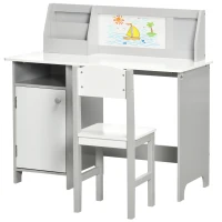 HOMCOM Conjunto de Mesa e Cadeira Infantil de Madeira com Quadro Branco Mesa de Estudo para Crianças acima de 5 Anos 90x45x85cm Cinza(m-11)