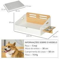 PawHut Cama de Madeira para Cães Gatos Sofá para Animais de Estimação Médios e Pequenos com Comedouro 2 Tigelas Almofada Acolchoada 100x56x39cm Natural e Branco(m-3)