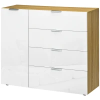HOMCOM Aparador de Sala de Estar com 4 Gavetas de Alto Brilho Porta e Prateleiras Ajustáveis 105x35x92 cm Branco e Madeira(m-11)