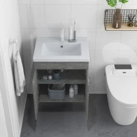 kleankin Móvel Casa de Banho com Lavatório Cerâmico Móvel Casa de Banho de Parede com 2 Portas e Prateleira Ajustável 60x45,5x60 cm Cinza(m-8)