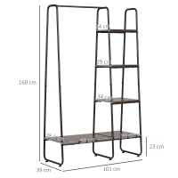 HOMCOM Suporte para Cabides com 4 Prateleiras de Armazenamento e Barra de Pendurar Estilo Industrial 101x39x160cm Marrom e Preto(m-3)