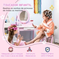 ZONEKIZ Toucador Infantil com Banco Espelho e Gaveta Mesa de Maquilhagem para Crianças entre 3-6 Anos 65,5x46x93cm Rosa(m-4)