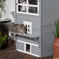 PawHut Casa para Gatos de Madeira Exterior Casa Grande para Gatos de 3 Andares com Múltiplas Entradas Janelas e 2 Plataformas para Terraço Balcão Jardim 98x68,5x122cm Cinza(m-7)