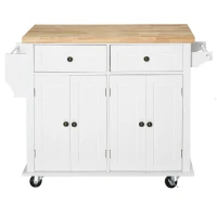 HOMCOM Ilha de Cozinha com Rodas 2 Gavetas 4 Portas Suporte para Temperos e Barra Lateral 111x44,5x82,5cm Branco e Madeira(m-11)