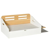 PawHut Cama de Madeira para Cães Gatos Sofá para Animais de Estimação Médios e Pequenos com Comedouro 2 Tigelas Almofada Acolchoada 100x56x39cm Natural e Branco(m-11)