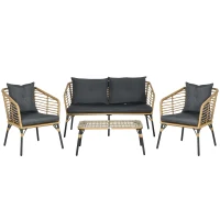 Outsunny Conjunto de Móveis de Vime com Sofá de 2 Lugares 2 Poltronas Mesa de Centro e 4 Almofadas Marrom Claro e Cinza Escuro(m-11)