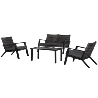 Outsunny Conjunto Móveis de Jardim Vime de 4 Peças com Sofá de 2 Lugares Poltrona Individual e Mesa de Centro Preto(m-11)