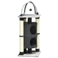 PawHut Árvore Arranhador para Gatos de 2 Níveis com Plataforma Postes de Juta e Bola Suspensa 39x39x114cm Cinza(m-11)