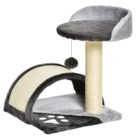 PawHut Árvore Arranhador para Gatos de 2 Níveis com Poste e Tapete de Arranhar Cama e Bola Suspensa 35,5x37x46 cm Cinza(m-11)