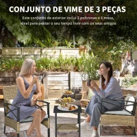 Outsunny Conjunto de Poltronas e Mesa de Centro de Vime com Almofadas Acolchoadas e Estrutura de Aço 46x46x48cm e 59x71x80cm Marrom Claro(m-6)