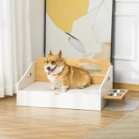 PawHut Cama de Madeira para Cães Gatos Sofá para Animais de Estimação Médios e Pequenos com Comedouro 2 Tigelas Almofada Acolchoada 100x56x39cm Natural e Branco(m-2)