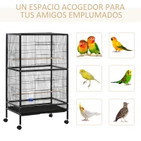PawHut Gaiola para Pássaros com 4 Rodas Gaiola para Pássaros Metálica com Múltiplas Portas 4 Comedouros Bebedouro 2 Poleiros e Bandeja para Louros Canários Periquitos 79x52x137cm Preto(m-4)