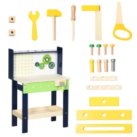 HOMCOM Bancada de Ferramentas de Madeira Infantil com 27 Peças com Martelo Chave de Fendas Chave Inglesa 55,3x30x78cm Multicor(m-10)