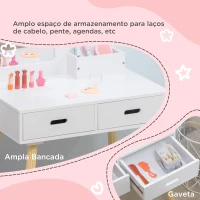 ZONEKIZ Toucador Infantil de Madeira com Banco Espelho e 2 Gavetas Brinquedo Educativo para Crianças de 3-6 Anos 60x40x95cm Branco(m-5)