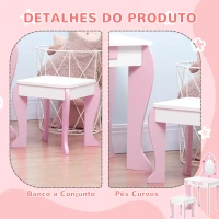 ZONEKIZ Toucador Infantil de Madeira com Banco Espelho e Gaveta Mesa de Maquilhagem para Crianças entre 3-6 Anos 50x36,5x89,5cm Rosa(m-6)