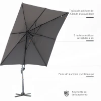 HOMCOM Chapéu de Sol de Jardim 245x245x248cm Chapéu de Sol Excêntrico com Rotação 360° Inclinação de 5 Níveis com Manivela e Ventilação para Pátio Terraço Cinza(m-6)