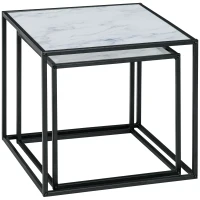 HOMCOM Conjunto de 2 Mesas Auxiliares Empilháveis com Bancada de Vidro Temperado 42,5x42,5x40 cm e 35x35x35,5 cm Mármore e Preto(m-11)