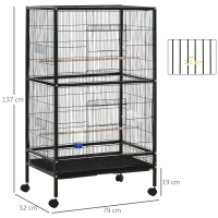 PawHut Gaiola para Pássaros com 4 Rodas Gaiola para Pássaros Metálica com Múltiplas Portas 4 Comedouros Bebedouro 2 Poleiros e Bandeja para Louros Canários Periquitos 79x52x137cm Preto(m-3)