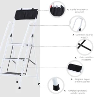 HOMCOM Escada Dobrável com 3 Degraus com Apoio para os Braços e Suporte para Ferramentas 51x66x131 cm Branco(m-4)