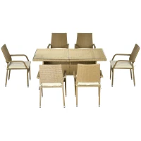 Outsunny Conjunto de Jardim Refeição de Vime PE com 7 Peças Mesa com Bancada de Vidro e 6 Cadeiras Empilháveis Areia e Bege(m-11)