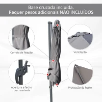 HOMCOM Chapéu de Sol de Jardim 245x245x248cm Chapéu de Sol Excêntrico com Rotação 360° Inclinação de 5 Níveis com Manivela e Ventilação para Pátio Terraço Cinza(m-7)