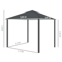 Outsunny Pérgola de Jardim 3x3 Pérgola com 4 Cortinas Laterais Removíveis com Zíper 8 Orifícios de Drenagem e Duplo Teto Cinza Escuro(m-3)