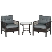 Outsunny Conjunto Móveis de Vime 3 Peças de Jardim 2 Poltronas 65x66x75cm e 1 Mesa 50x50x50cm de Vidro Temperado com Almofadas Acolchoadas para Terraço Pátio Marrom(m-7)