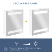HOMCOM Armário Casa de Banho com Espelho e Luz LED 2 Prateleiras de Armazenamento e Interruptor Tátil 50x15x60cm Branco(m-5)